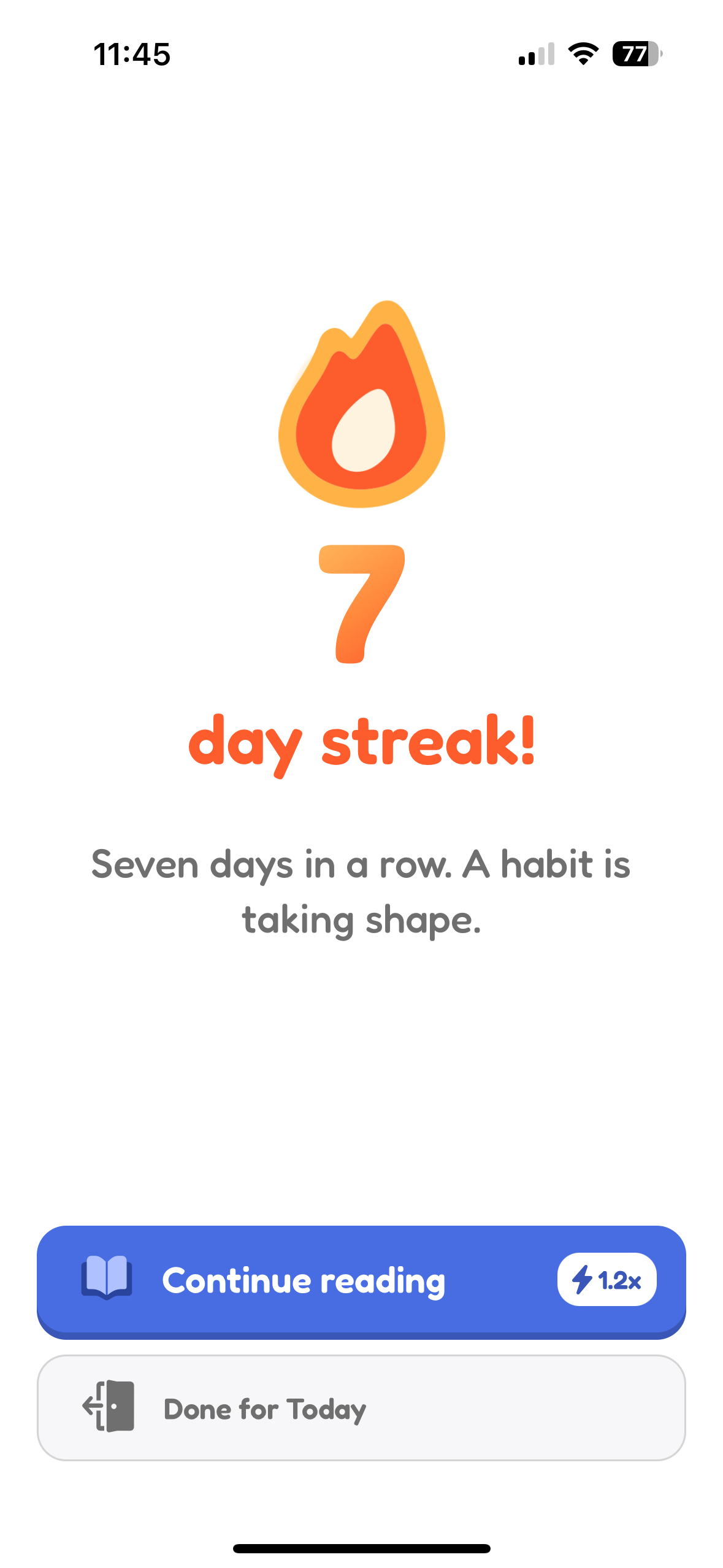 Tether app streak screen showing reading consistency and progress